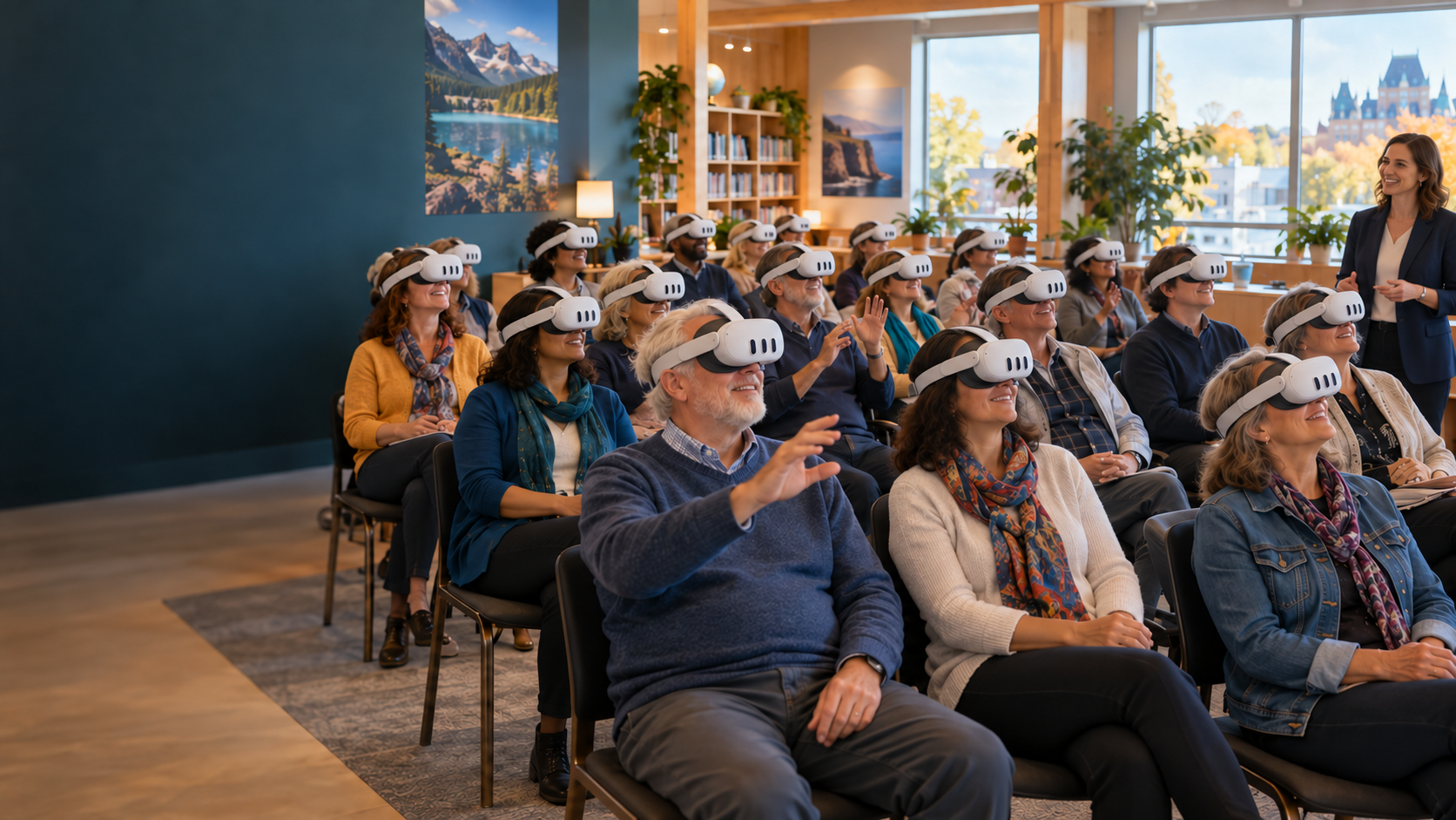 Groupe de participants vivant ensemble une expérience de voyage avec des casques de réalité virtuelle