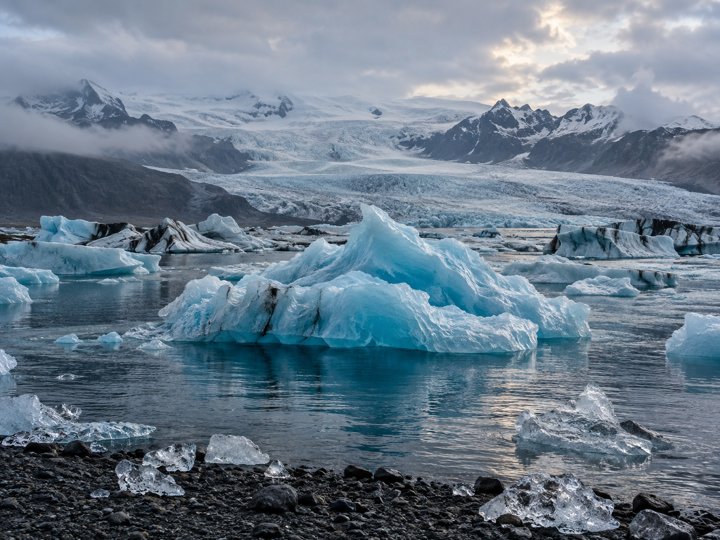 Icebergs bleutés sur le lagon glaciaire de Jökulsárlón, en Islande