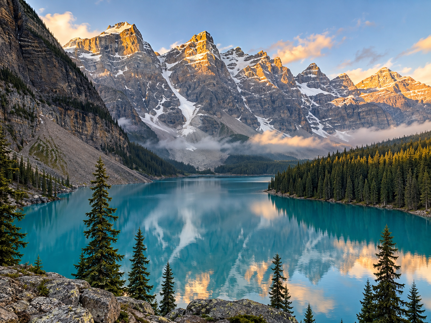 Lac glaciaire turquoise entouré de conifères et de sommets des Rocheuses canadiennes au lever du soleil